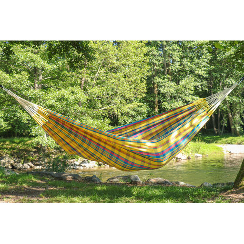 Hamac double en coton recyclé Madras jaune - Confort écologique pour deux